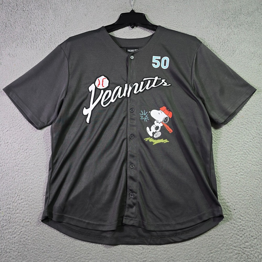 Peanuts® Snoopy Baseball Jersey shirt Mens XL Black Charlie Brown Button Up NWT