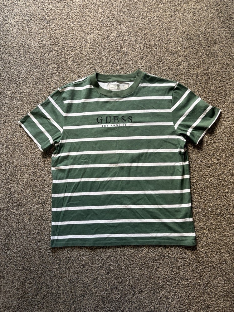 GUESS Originals Green/White Striped Logo Embroidered Crewneck T-Shirt Men’s L