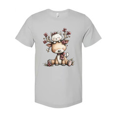 Unisex Christmas T Shirt With Cute Deer And Kitten Graphic Print In Winter Scene