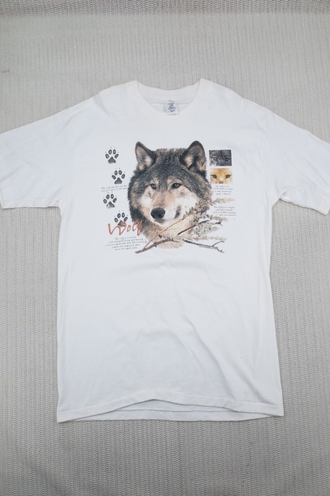Vintage Wolf Graphic Shirt Mens Large White Wildside Single Stitch 90’s Nature