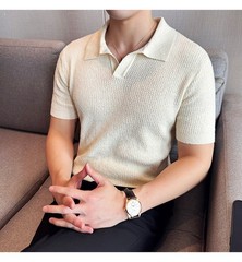 Summer New Men’s Short Sleeve Knit Shirt V-Neck Collar Slimming Casual Shirt Top
