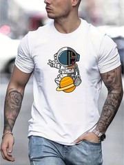 Casual Stylish Print Short-Sleeve T-Shirt Featuring a Cartoon Astronaut