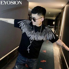 New Fashion Wings Trend Rhinestone Summer Short Sleeve Luxury Men Cotton T-Shirt