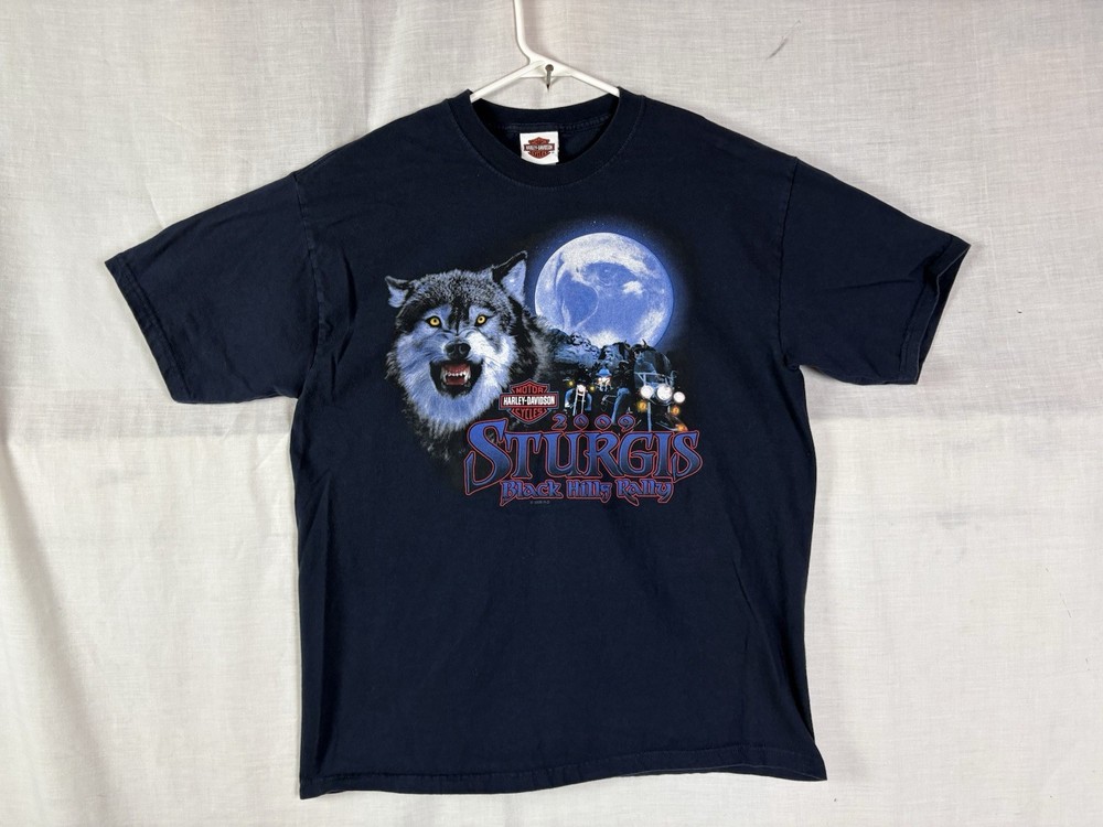 Harley Davidson T-Shirt L Blue Sturgis Wolf Full Moon 2009 Rally Biker Cowboy