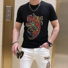 New Fashion Diamond Fish Rhinestones Short Sleeve Luxury Men Black White T-Shirt