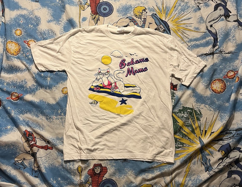 Vintage Bahama Mama Beach Cat White Tee L 80s 90s Puffy Print Good Shape Tourist