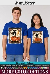 Cat Black Pumpkin Shirt, Vintage Halloween Postage Stamp Tee
