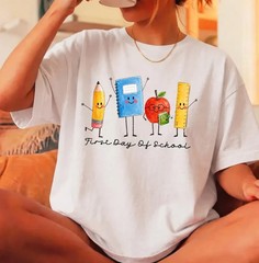 Cute Pencil Notebook Apple Ruler Graphic Tee Funny School Shirt Unisex T-Shirt