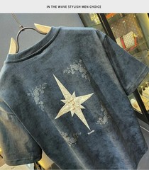 Mens Graphic Embroidered T-Shirt Retro Acid Wash Vintage Streetwear Crewneck Tee