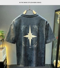 Mens Graphic Embroidered T-Shirt Retro Acid Wash Vintage Streetwear Crewneck Tee