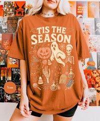 Vintage Halloween Skeleton Pumpkin Shirt Tis The Season Retro Unisex Fall Tee