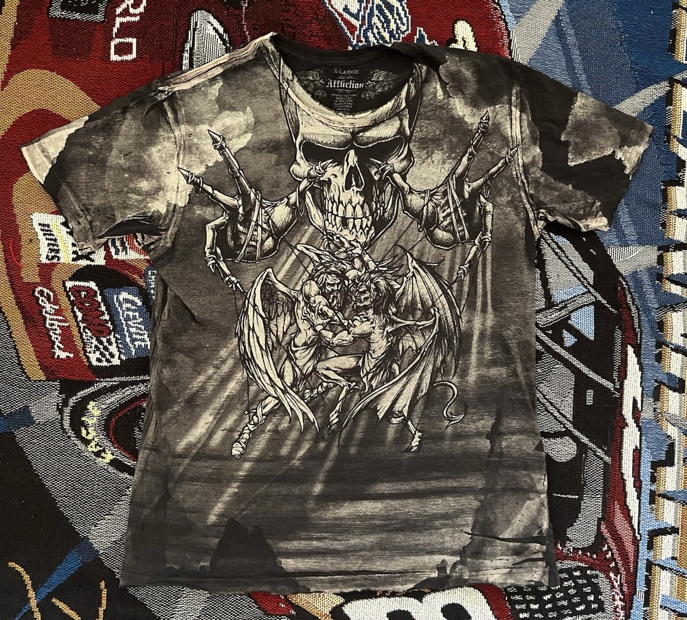 Affliction Puppet Master Shirt Angels vs Demons Gray Men’s XL Rare Y2K