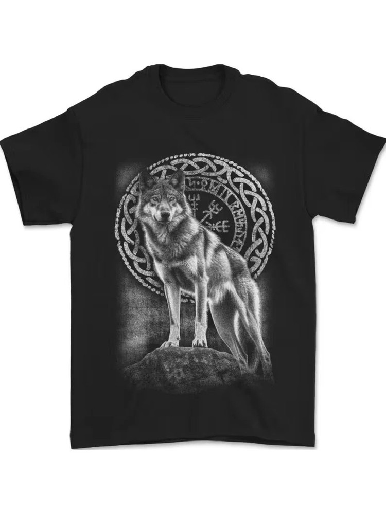 Men’s Nordic Wolf Viking T-Shirt – 100% Cotton, Black with White Wolf Design, Ca