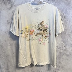 Vintage Bird House Nature T Shirt White Short Sleeve Graphic Tee Large L Y2K