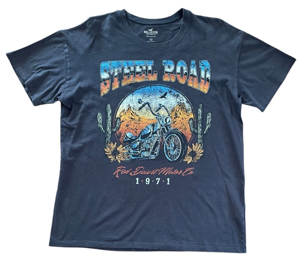 Hollister T Shirt Med Adult Black Steel Road Red Desert Motor Biker Logo Mens M
