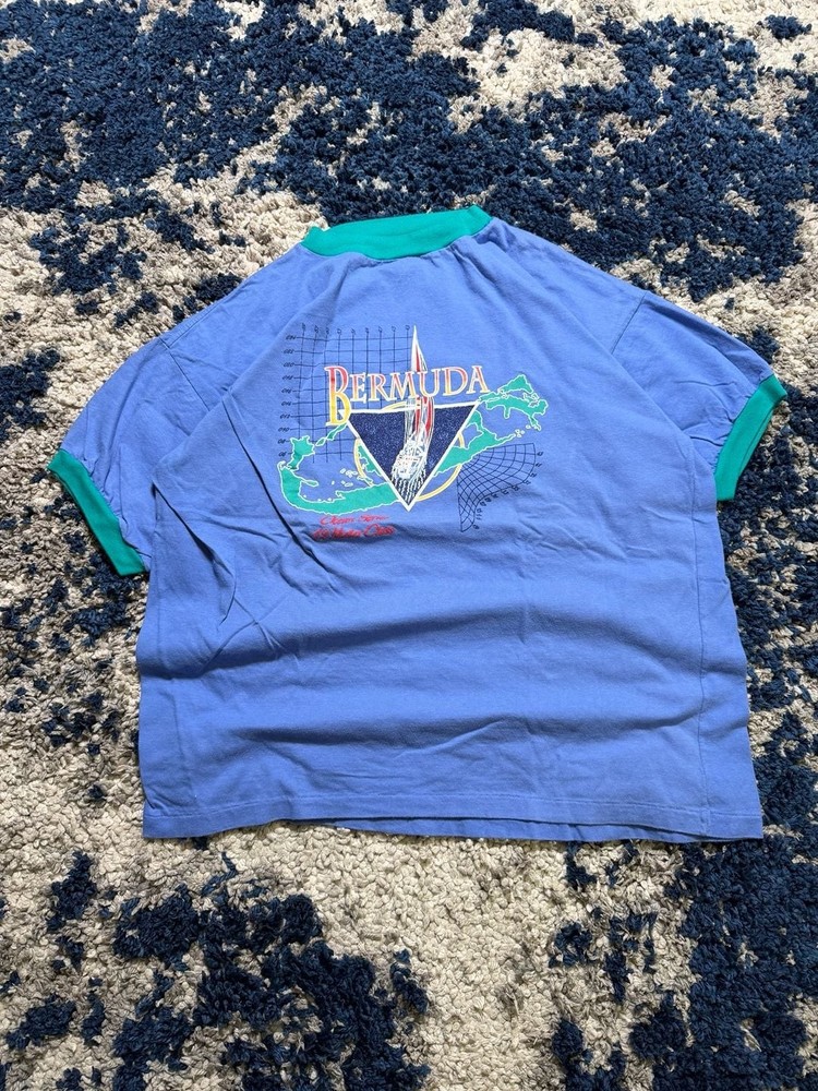 Vintage Davisons of Bermuda Ringer T Nautical Sailboat Print Blue Green Size XL