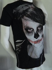 Zombie Goth Skull face Graphic T shirt with Lace up Lips and Real Nose Ring M