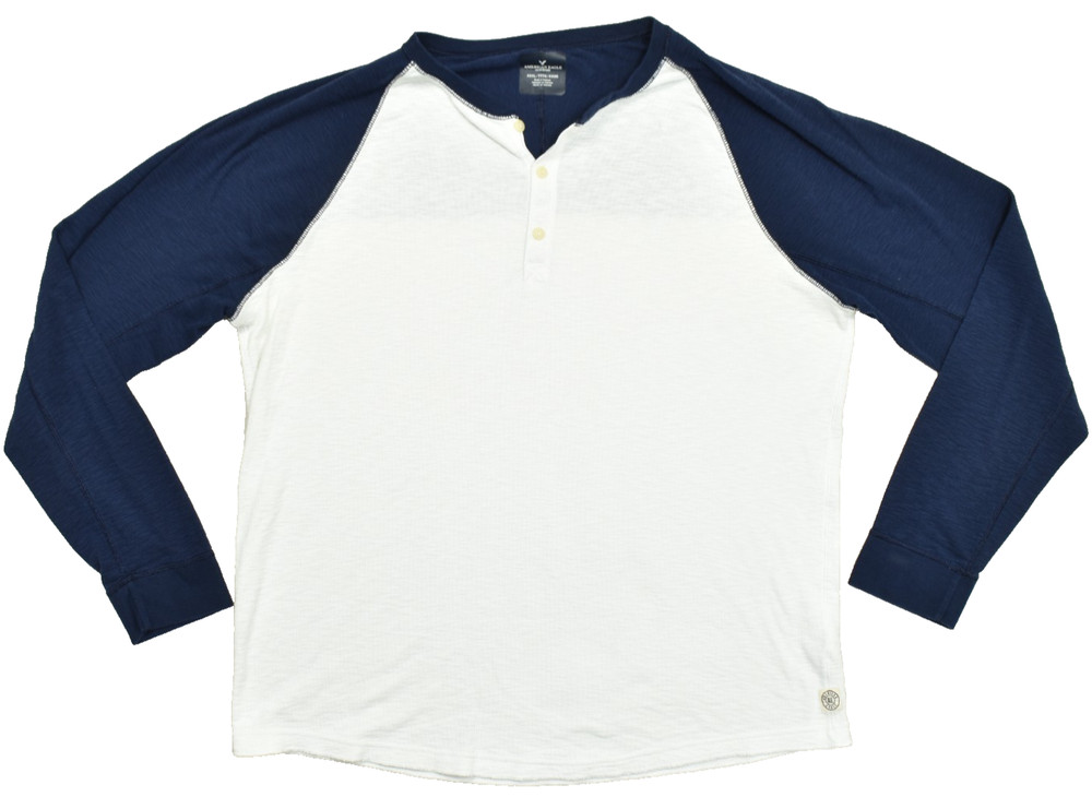 American Eagle Mens XXXL Waffle Knit Henley Raglan Sleeve Shirt Blue White 3XL