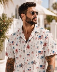 Patriotic Palm Tree Hawaiian Shirt For Men, American Flag 4th Of July Button Up