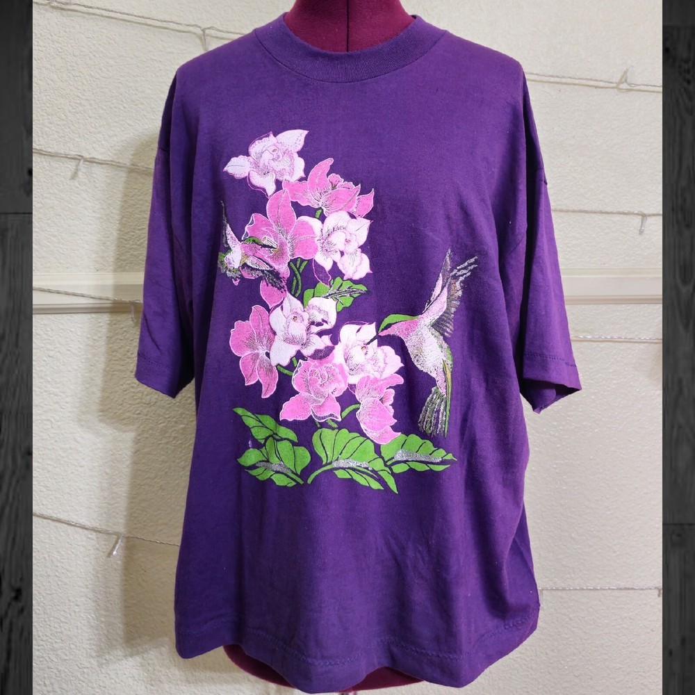 Vintage Glitter Humming Birds with Flowers / Size XL / Single Stitched