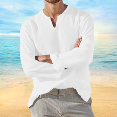 Men’s Shirt Long Sleeve Cotton Linen T-shirt V-Neck Solid Breathable Casual NEW