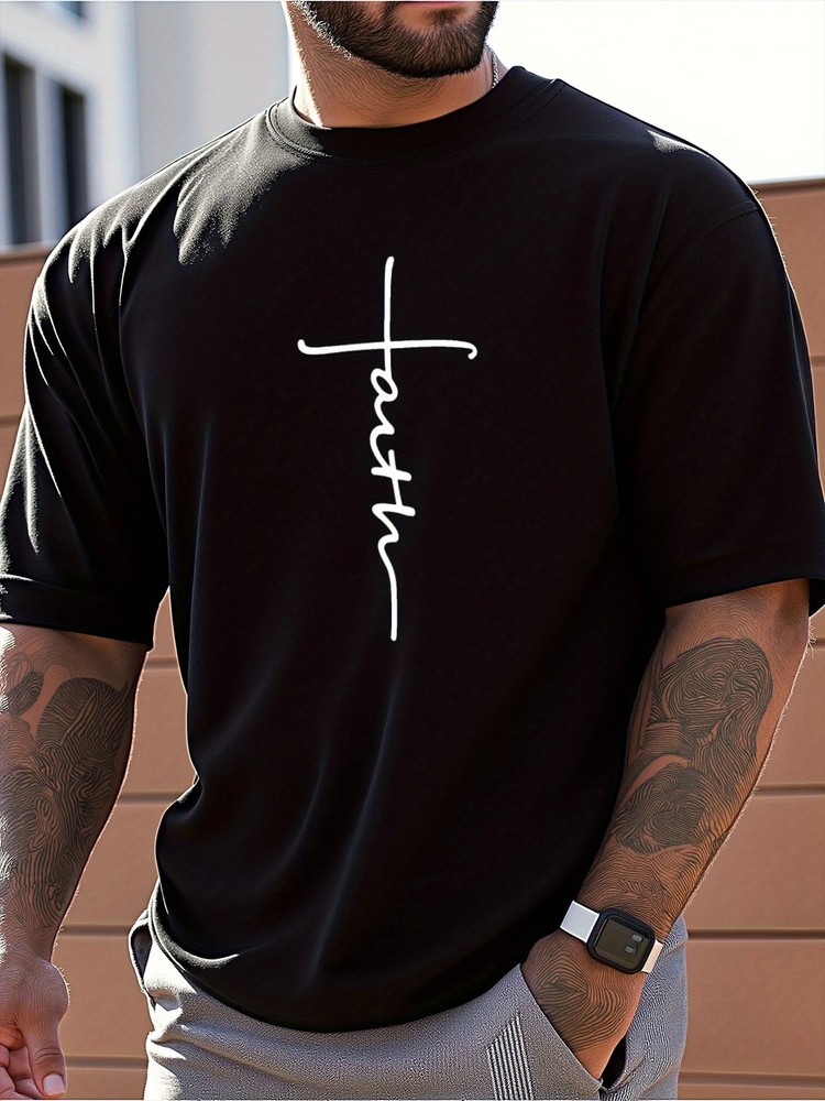 100% Cotton Men’s Faith Cross Print Short Sleeve T-Shirt | Breathable Loose Fit