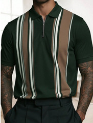 Men’s Fashion Business Vertical Striped Contrast Color Zip-Up Polo Shirt