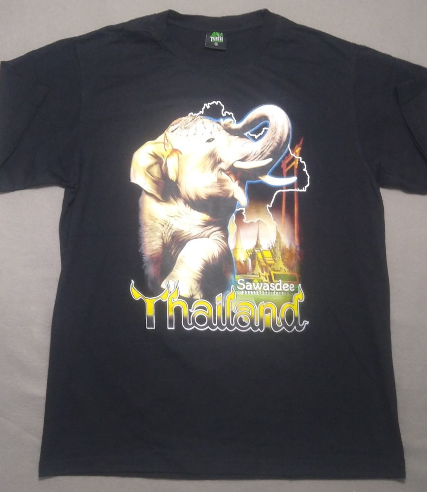Sawasdee Thailand XL 42″ T Shirt Elephant Graphic Black Wildlife Turtle Brand