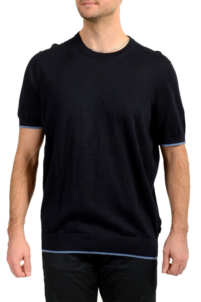 Hugo Boss Men’s “Persimo” Blue Knitted Crewneck T-Shirt Sweater US 2XL IT 56