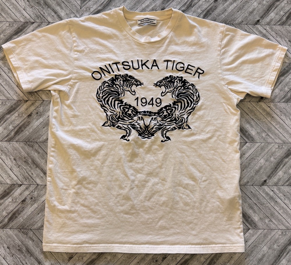 Onitsuka Tiger T-Shirt Mens Large Ivory Japan Streetwear Twin Tigers Embroidered