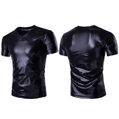 US Men Slim Shiny Costume Short Sleeve V Neck T-Shirt Metallic Wet Look Shirts