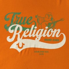 True Religion Mens Orange Graphic T Shirt Buddha Guitar Size 2XL Relaxed Fit