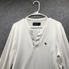 Abercrombie & Fitch Henley Shirt Mens L White Long Sleeve Moose Logo Soft Cotton