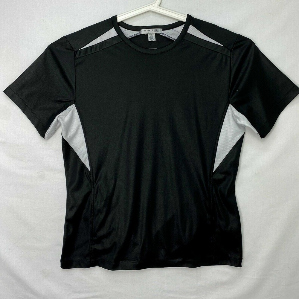 Kenneth Cole New York Mens Large Shirt Black Stretchy Knit White Mesh Pockets