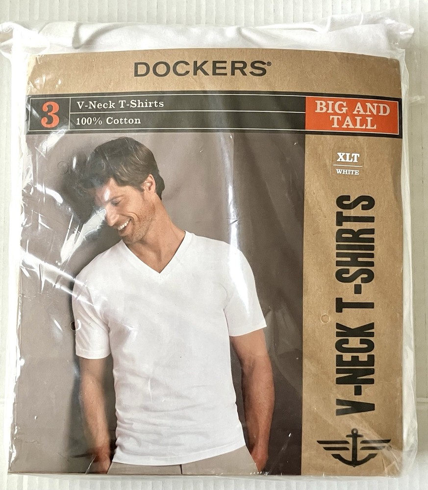 Dockers XLT Big & Tall 100% Cotton V-neck T-shirts 3 Pack New In Package White