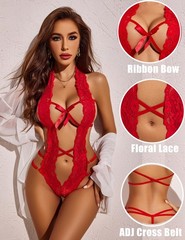 Women Deep V Halter Lingerie Teddy One Piece Bodysuit Lace Babydoll (X-Large,…