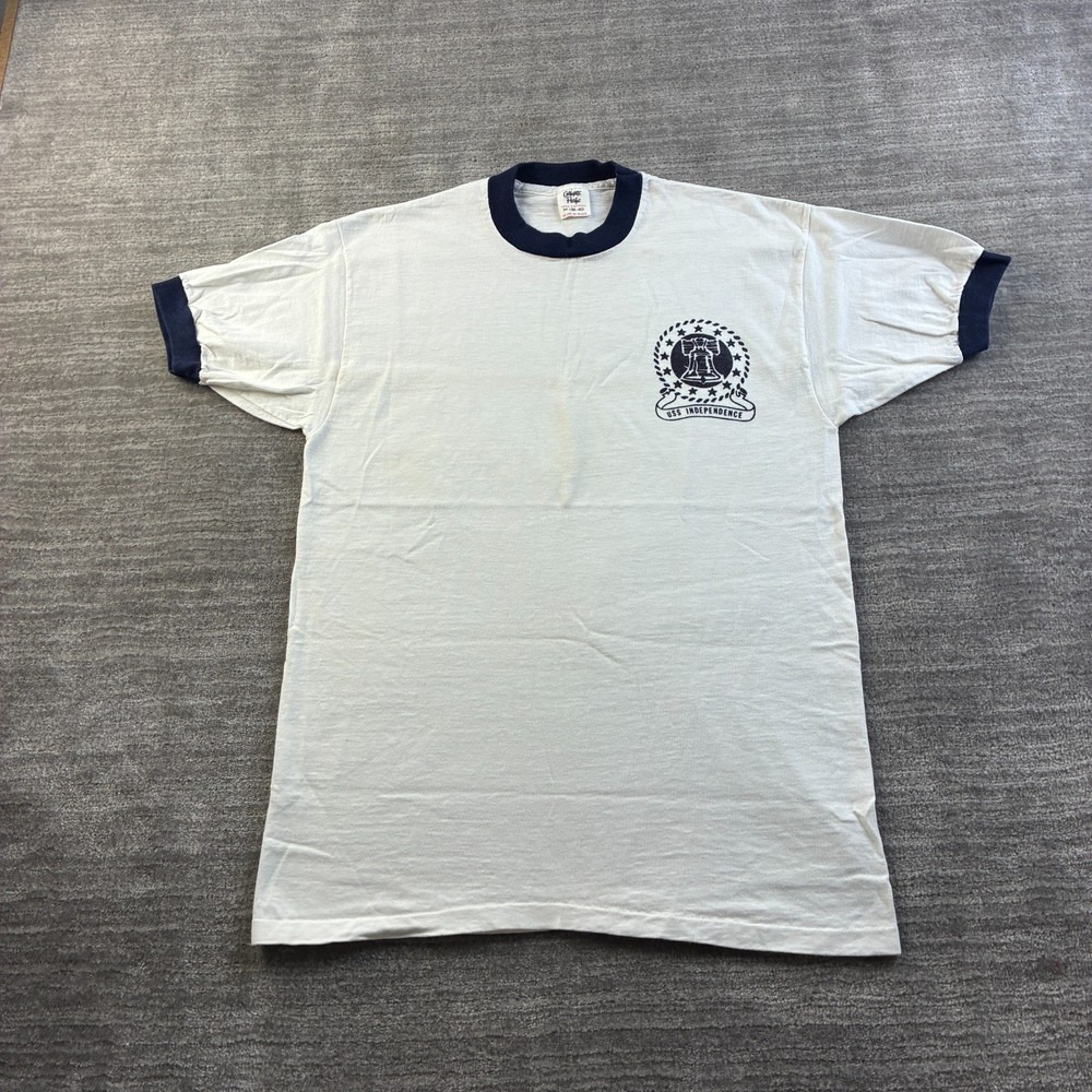 VINTAGE Collegiate Pacific Shirt Mens M USS Independence USNA Navy Ringer 70s