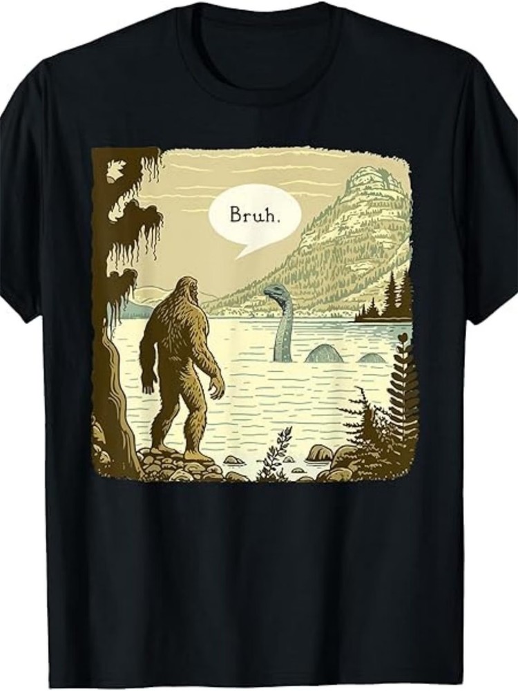 1pc Men’s Sasquatch & Loch Ness Monster Graphic T-Shirt – 100% Cotton Crew Neck