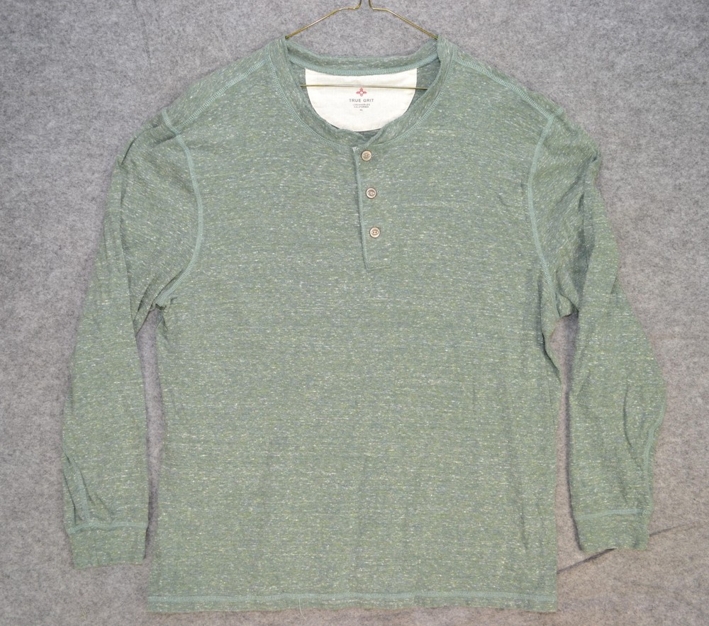 True Grit Henley Shirt Mens XL Green Long Sleeve Slub Knit Cotton Rayon Heather
