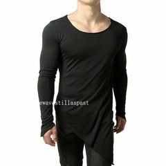 Mens Asymmetric Slit Hem Summer T-shirt Top Tee Long Sleeve Loose Pullover Shirt