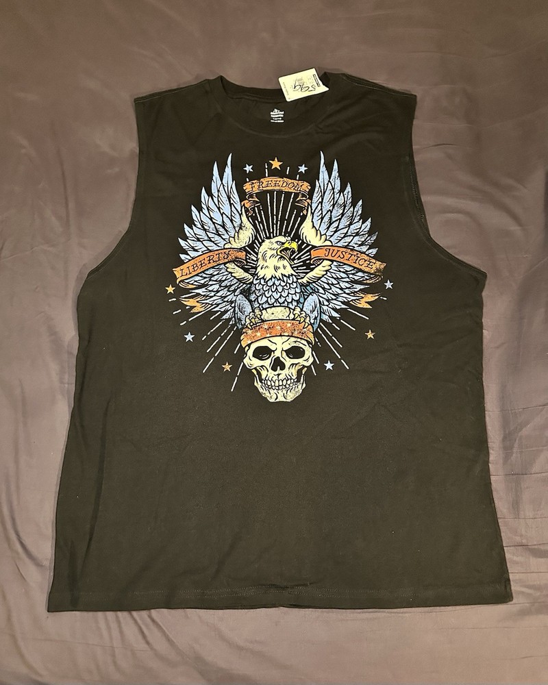 Way To Celebrate! PATRIOTIC Mens Sleeveless Shirt Large Cotton Black Crew Neck