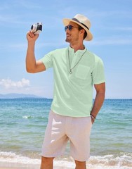 Men’s Casual Cotton Linen Henley Shirts Beach with Pocket Light Green 3XL