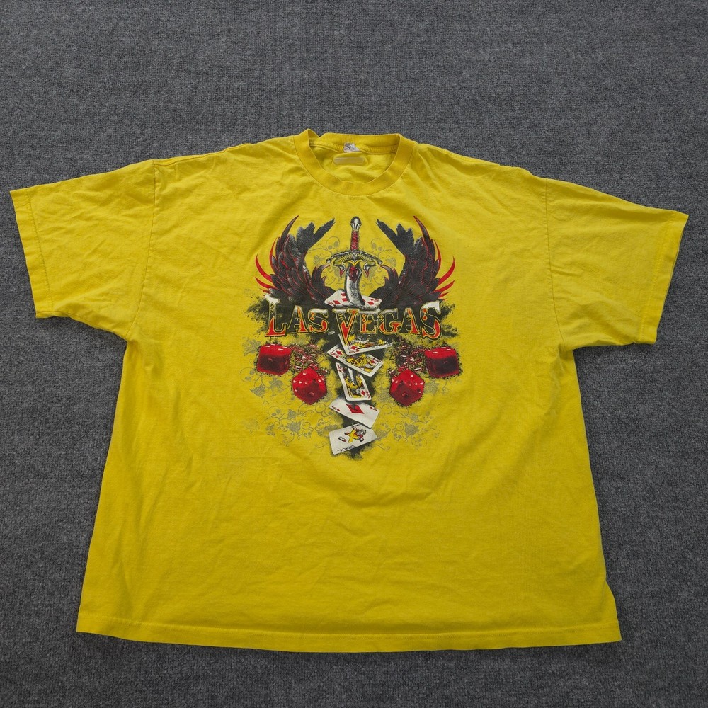 Las Vegas Shirt Mens 3XL Yellow Sword Wings Cards Dice Graphic Gambling Casino