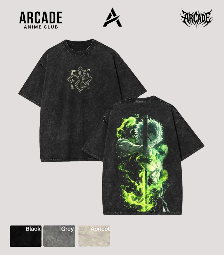 Arcade Anime Vintage Washed Demon Slayer Sanemi Wind Green Energy Black T-Shirt