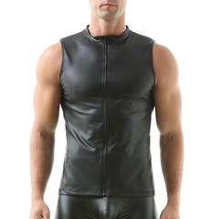 Men’s Faux Leather Vest Undershirt Sleeveless Tank Top Zipper Stand Collar Sh…