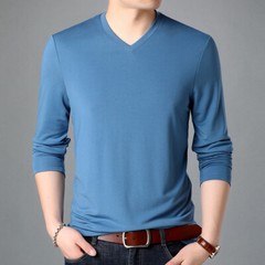 Men T-Shirt Long-Sleeved V-Neck Pure Color Casual Tee Shirt Pullover Tops