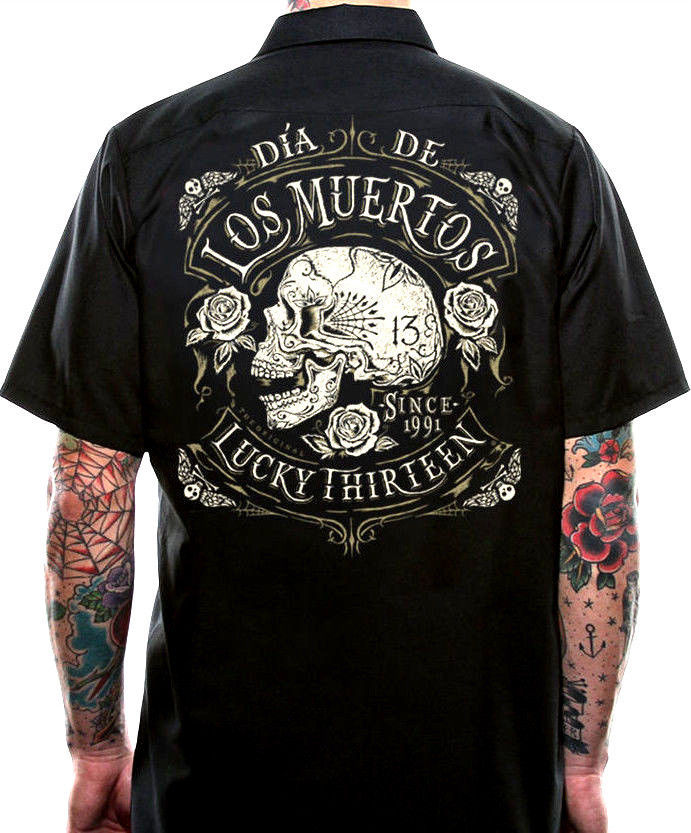 LUCKY 13 DEAD SKULL MOTORCYCLE ROCKABILLY BIKER PUNK GOTH WORK SHIRT M-4XL