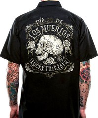 LUCKY 13 DEAD SKULL MOTORCYCLE ROCKABILLY BIKER PUNK GOTH WORK SHIRT M-4XL