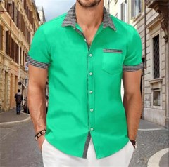 Camisa Con Botones Elegante De Manga Corta Para Hombres Sólida Cuello Levantado
