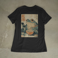 Japanese Art Grumpy Frog Ramen Noodles Phone Scroll Funny Graphic Tee Back Print